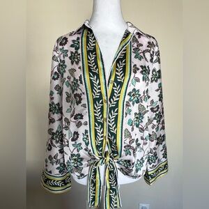 LOFT Botanical Tie-Front Blouse - Green, Yellow, and White
